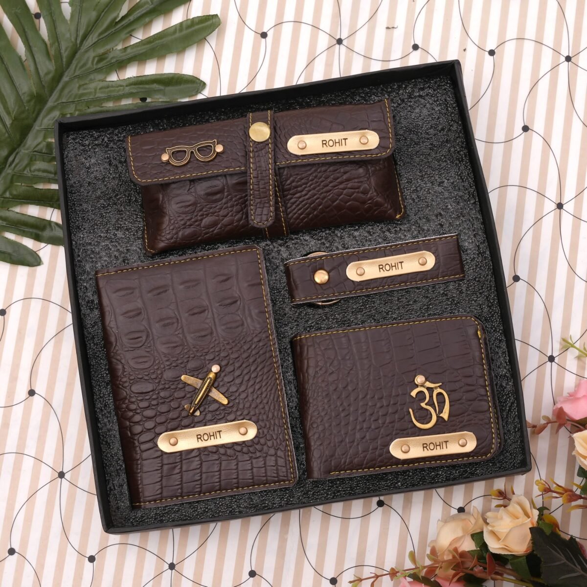 Personalized Gift Men's Wallet, Keychain, Eyewear Case & Passport Cover with Name. & Charm Combo