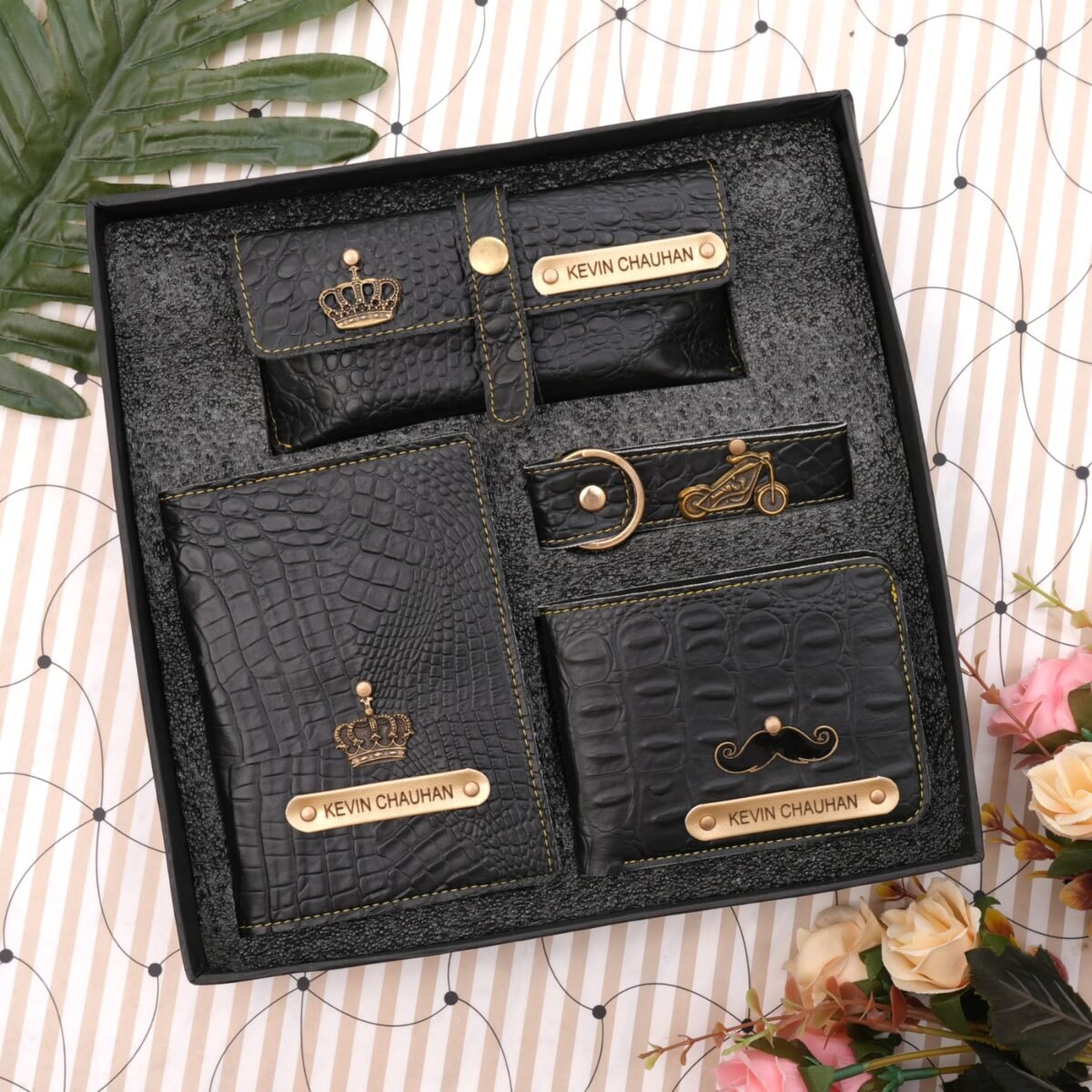 Personalized Gift Men's Wallet, Keychain, Eyewear Case & Passport Cover with Name. & Charm Combo