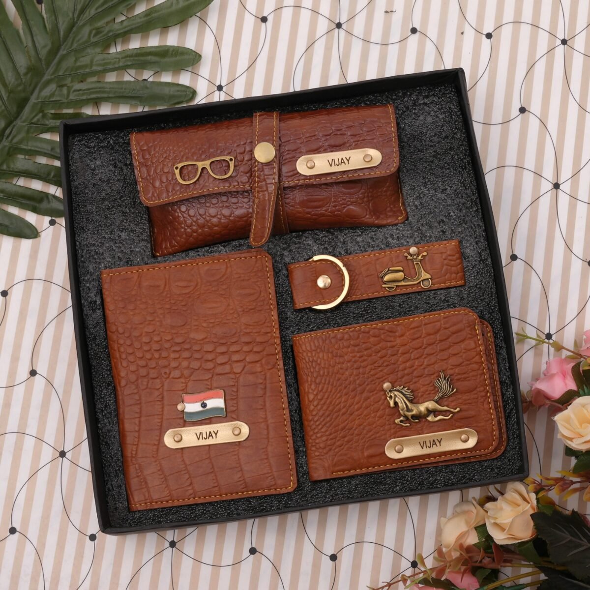 Personalized Gift Men's Wallet, Keychain, Eyewear Case & Passport Cover with Name. & Charm Combo