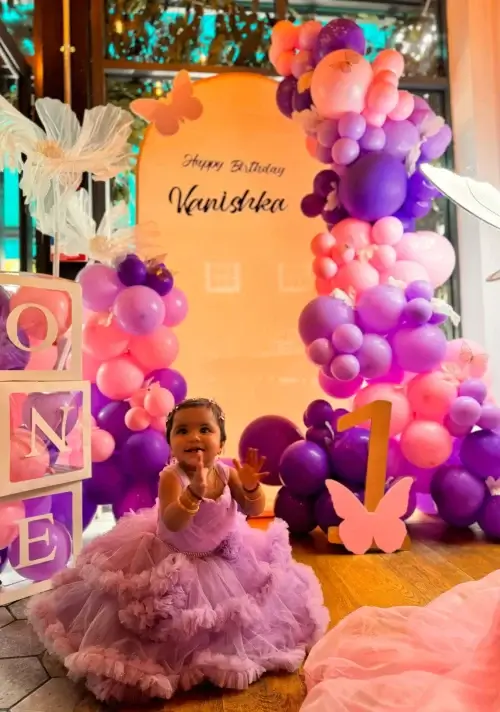 Children's photo zone with a lot of balloons. Decorations for a Birthday party.