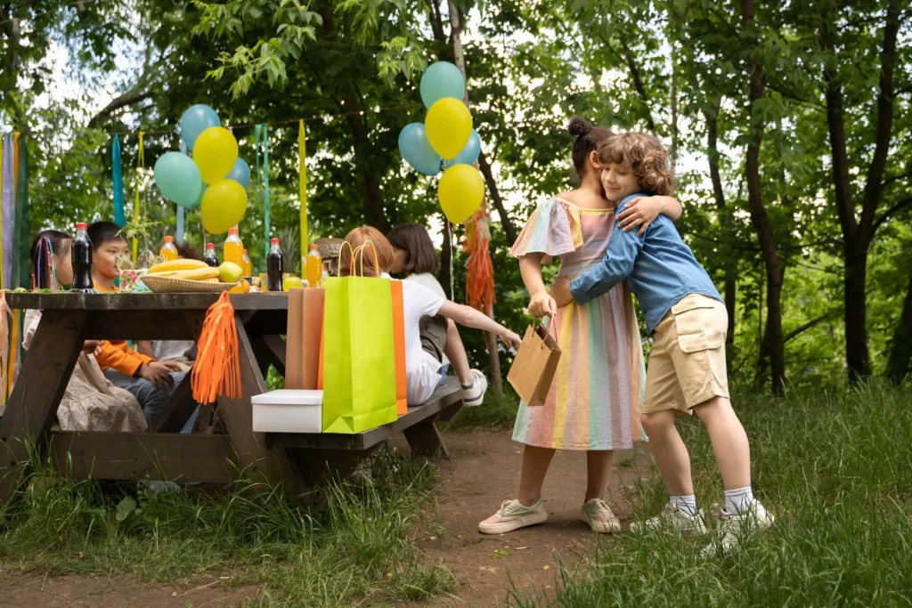 Children's photo zone with a lot of balloons. Decorations for a Birthday party in Garden